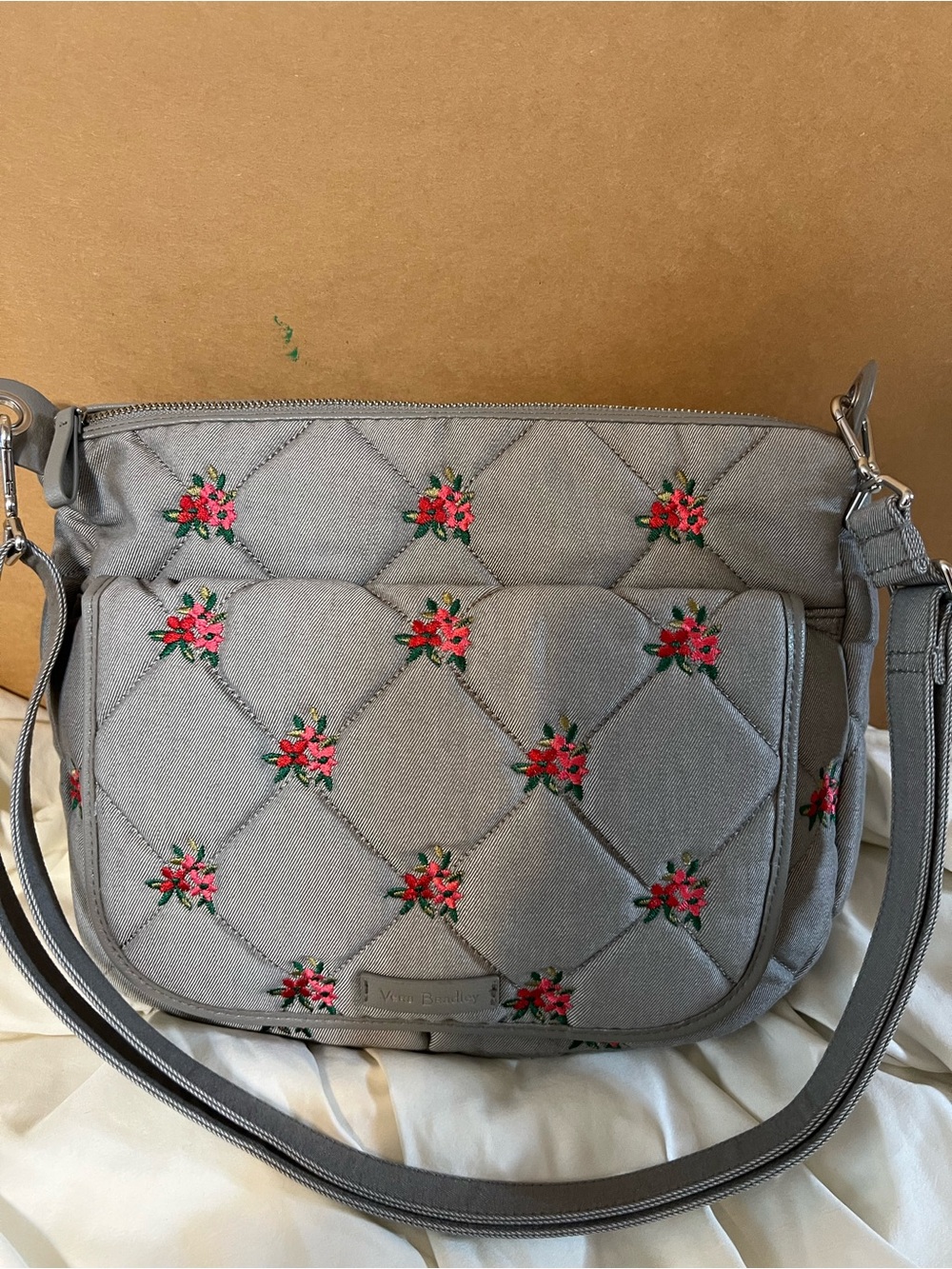Vera Bradley Gray Quilted Crossbody with Pink Floral Embroidery